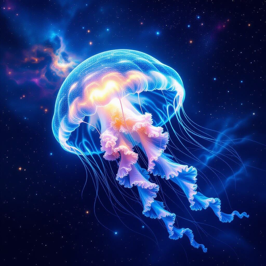 Bioluminescent Jellyfish in Cosmic Nebula, Starry Night Glow