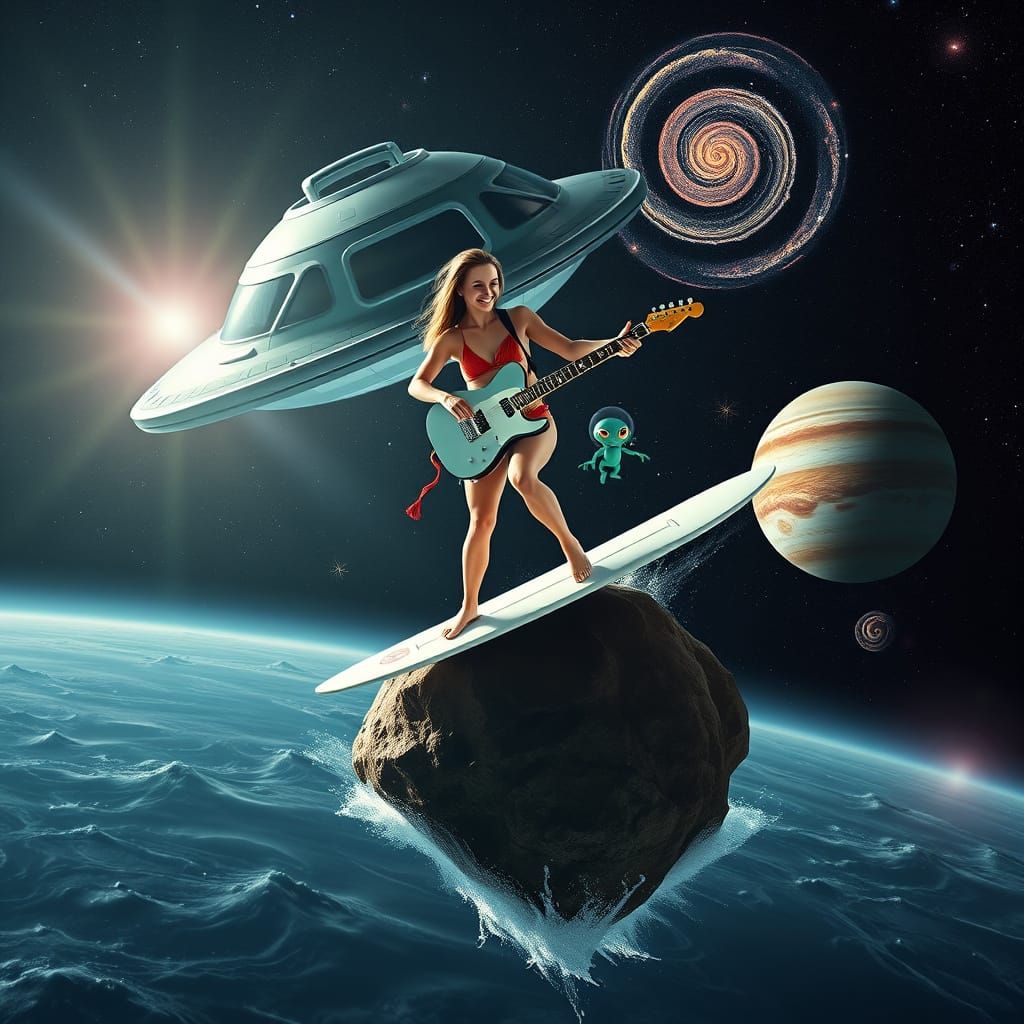 Astronaut Surfing Space Guitar with UFO and Alien