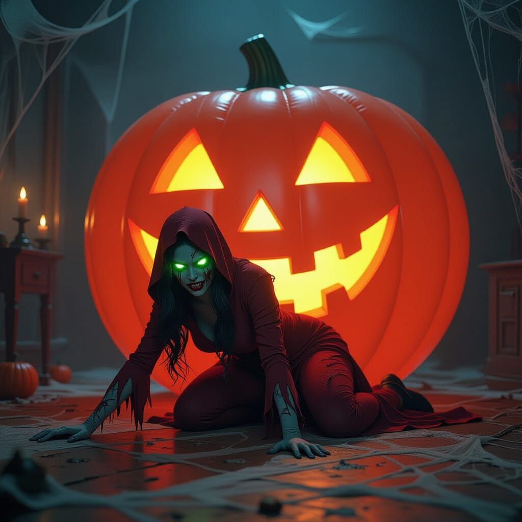 Zombie Scarlet Witch Crawling on Halloween Pumpkin Balloon