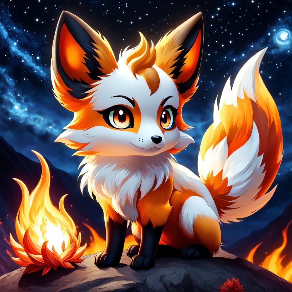 <lora:Dusk3:1.0> <lora:Macabre:1.0> an adorable chibi flareon kitsune flame fox, pokemon, dark starry night, gorgeous ...