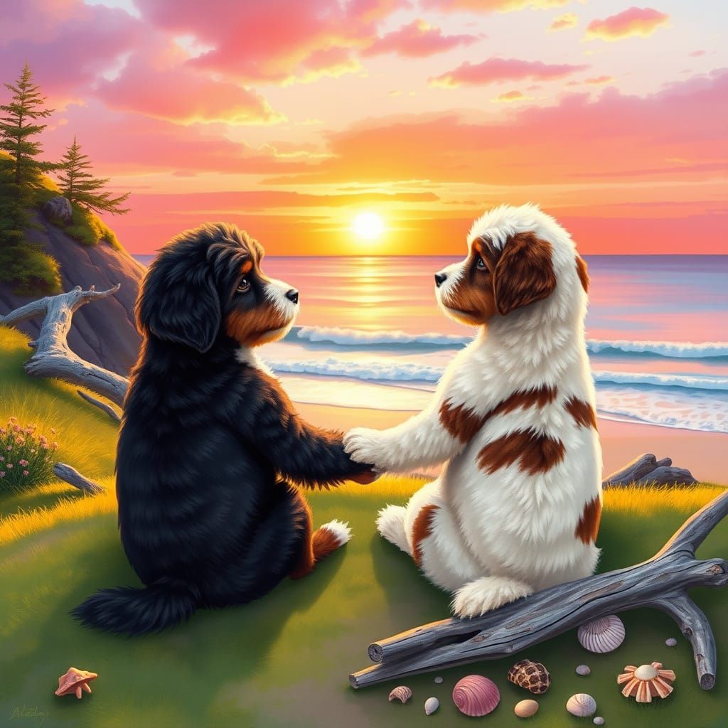 Mini Bernedoodles Bask in Sunset Glow on Tranquil Beach
