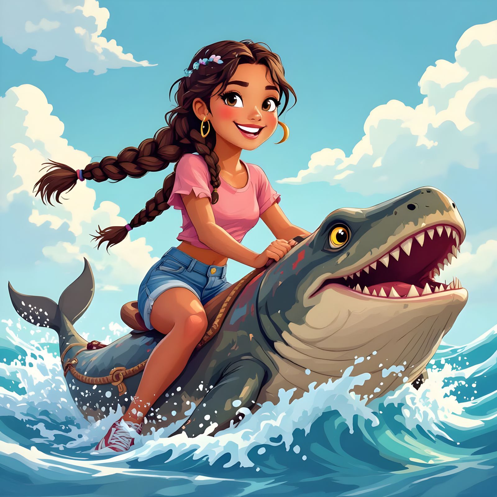 Latina Girl Rides Shark in Cheerful Cartoon Style