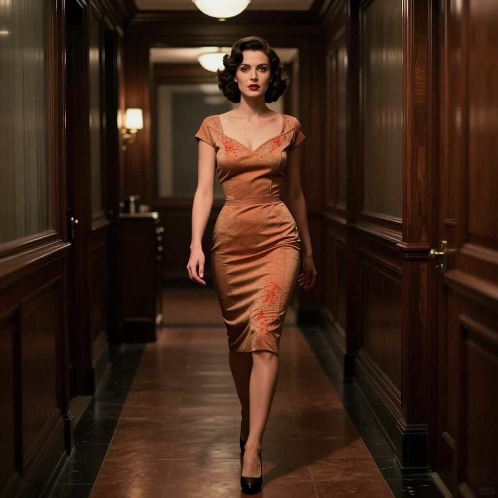 Glamorous Secretary in Mysterious Film Noir Office Corridor