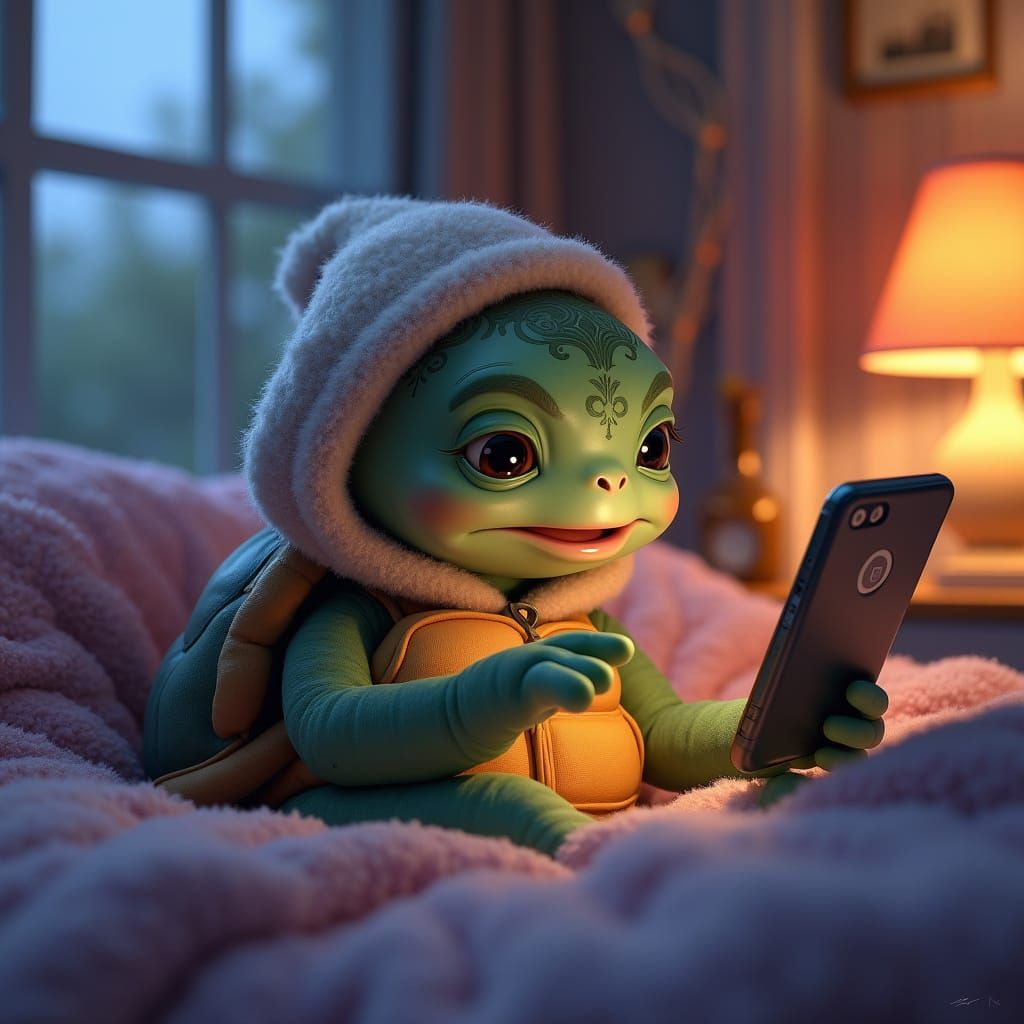 Turtle in Pajamas Gazing at Phone, Photorealistic Style