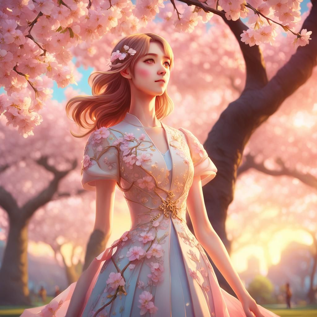 Elegant Woman in Park, Anime-Inspired 3D Art