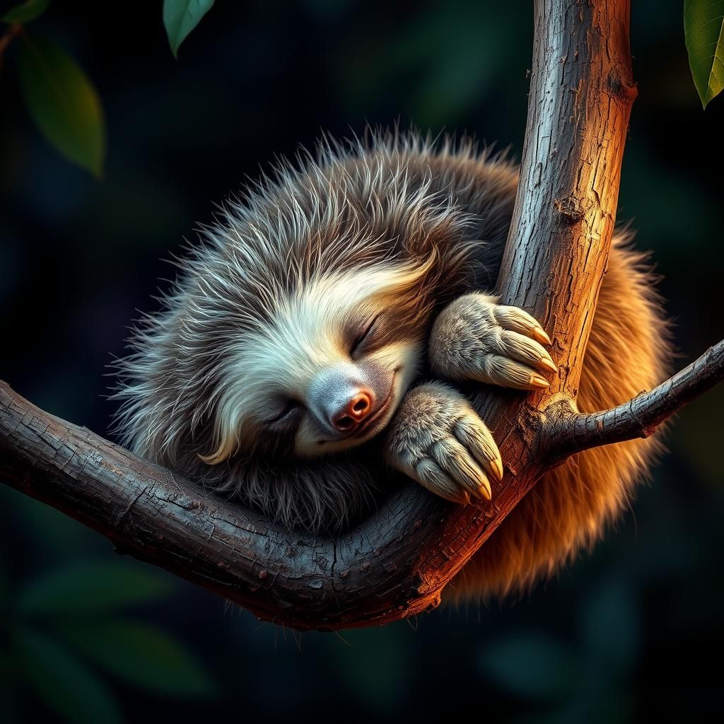 Adorable Baby Sloth Sleeping: Hyperrealistic Concept Art