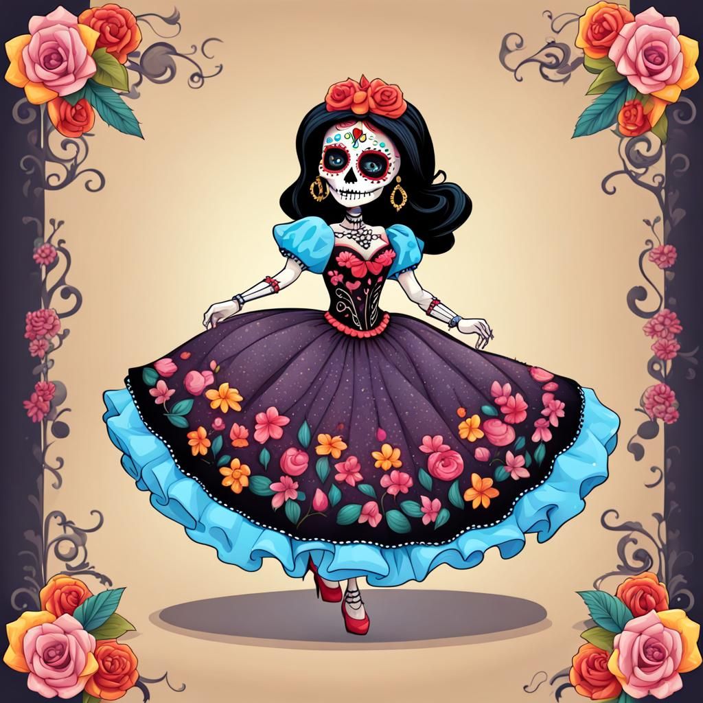 Cartoon Sugar Skull Princess Dancing at Ball