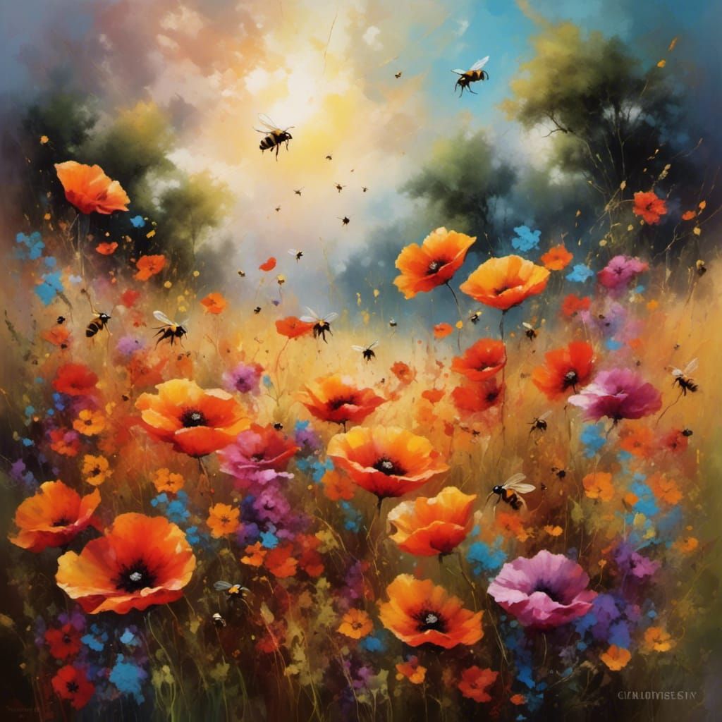 Poppies in Impressionistic Style with Bees