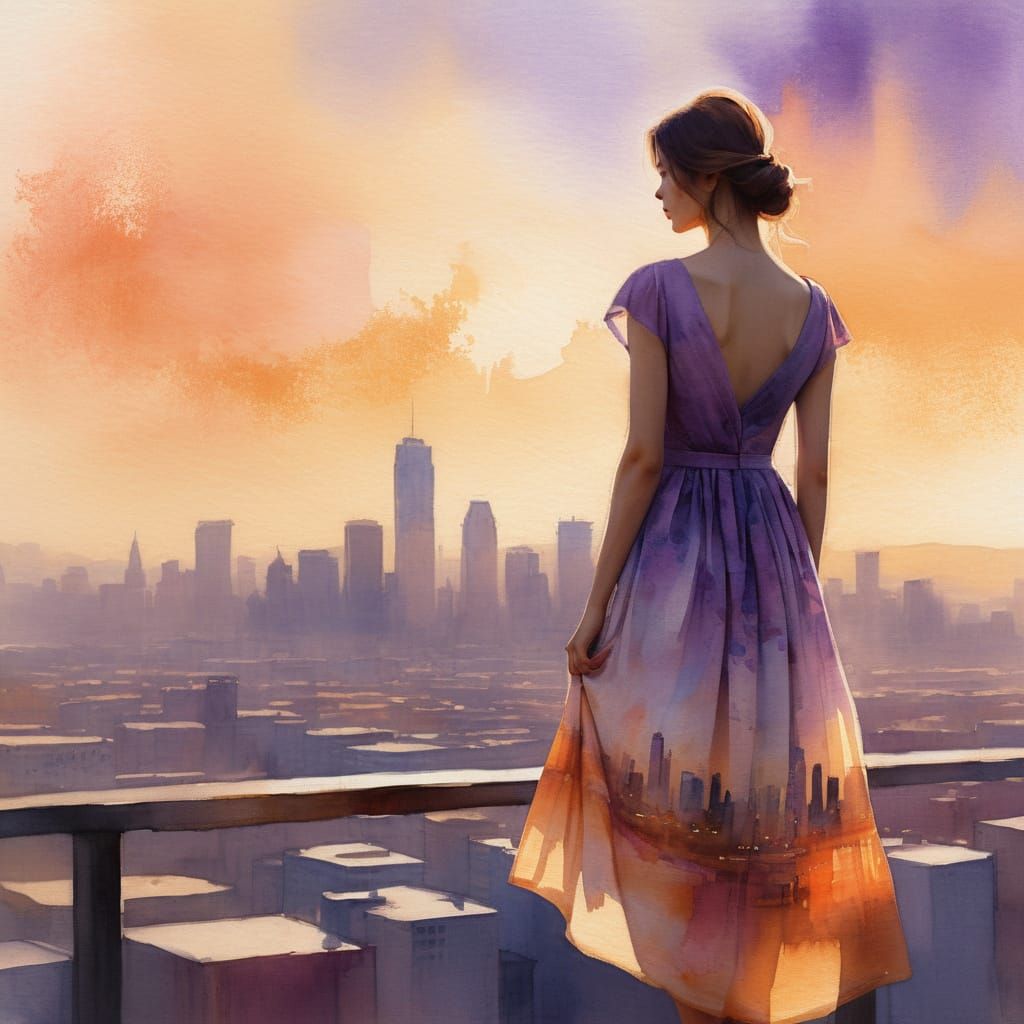 Girl Overlooking City at Golden Hour in Impressionist Style