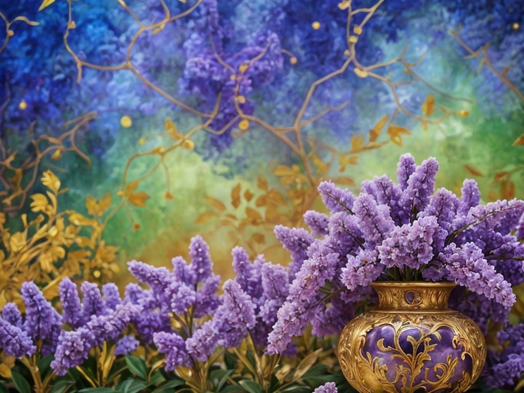 Ornate Gold Vase with Purple Lilac Blooms