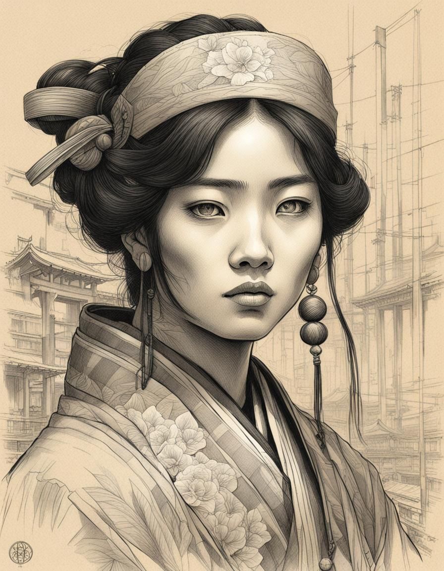 Detailed Vintage Sketch of a Japanese Woman