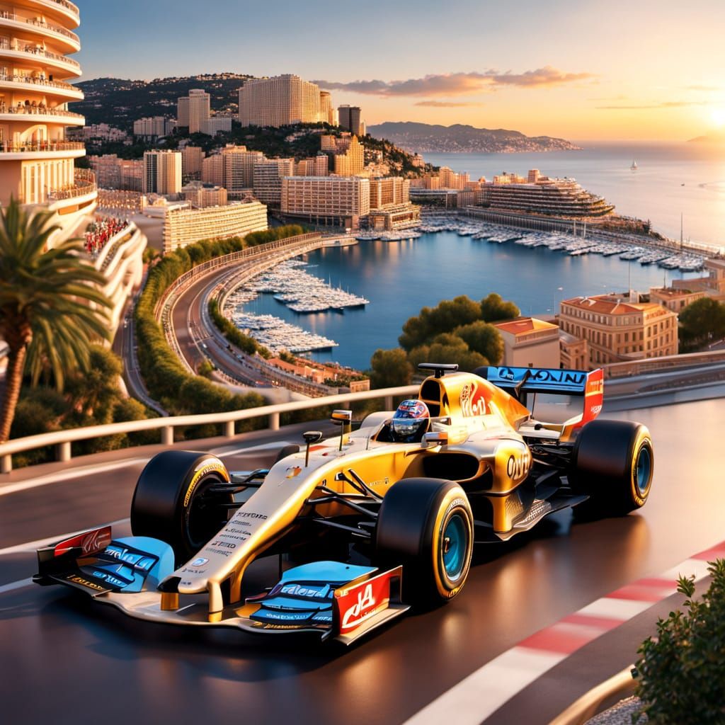 Gold F1 Car on Monaco's Azure Circuit