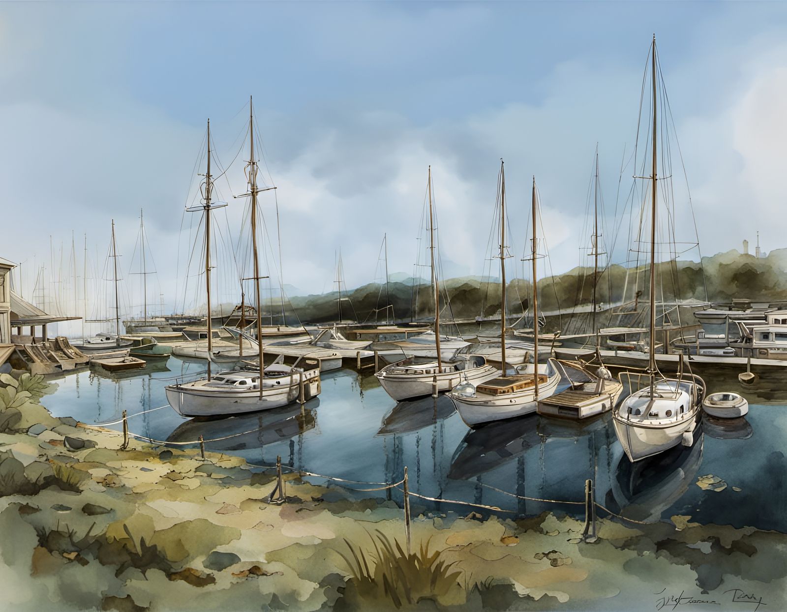 Marina with Wooden Yachts: Watercolor Painting