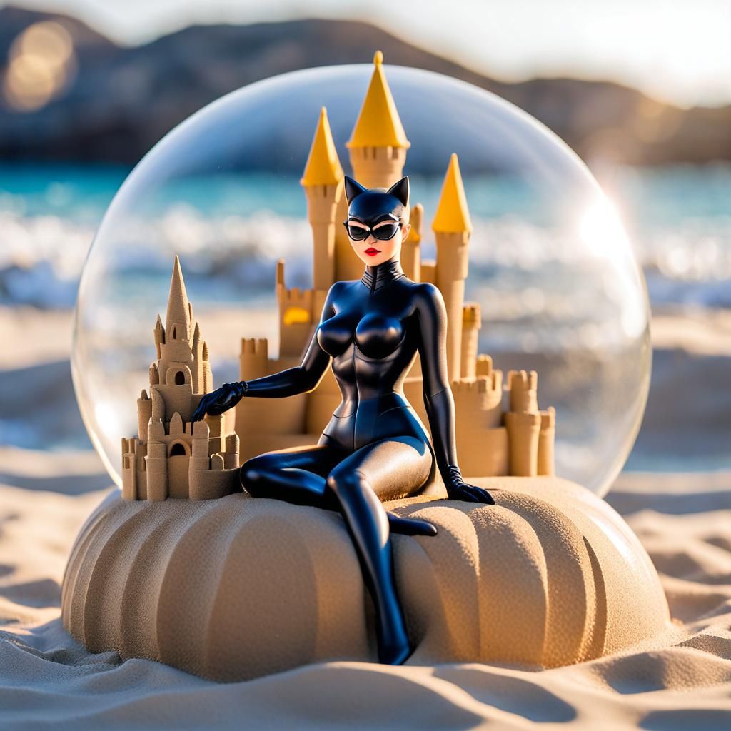 Catwoman Figurine Relaxing on Beach with Sandcastle