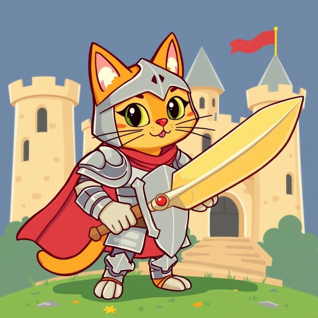 Cat Knight Stands Before Cheese Castle in Cartoon Style