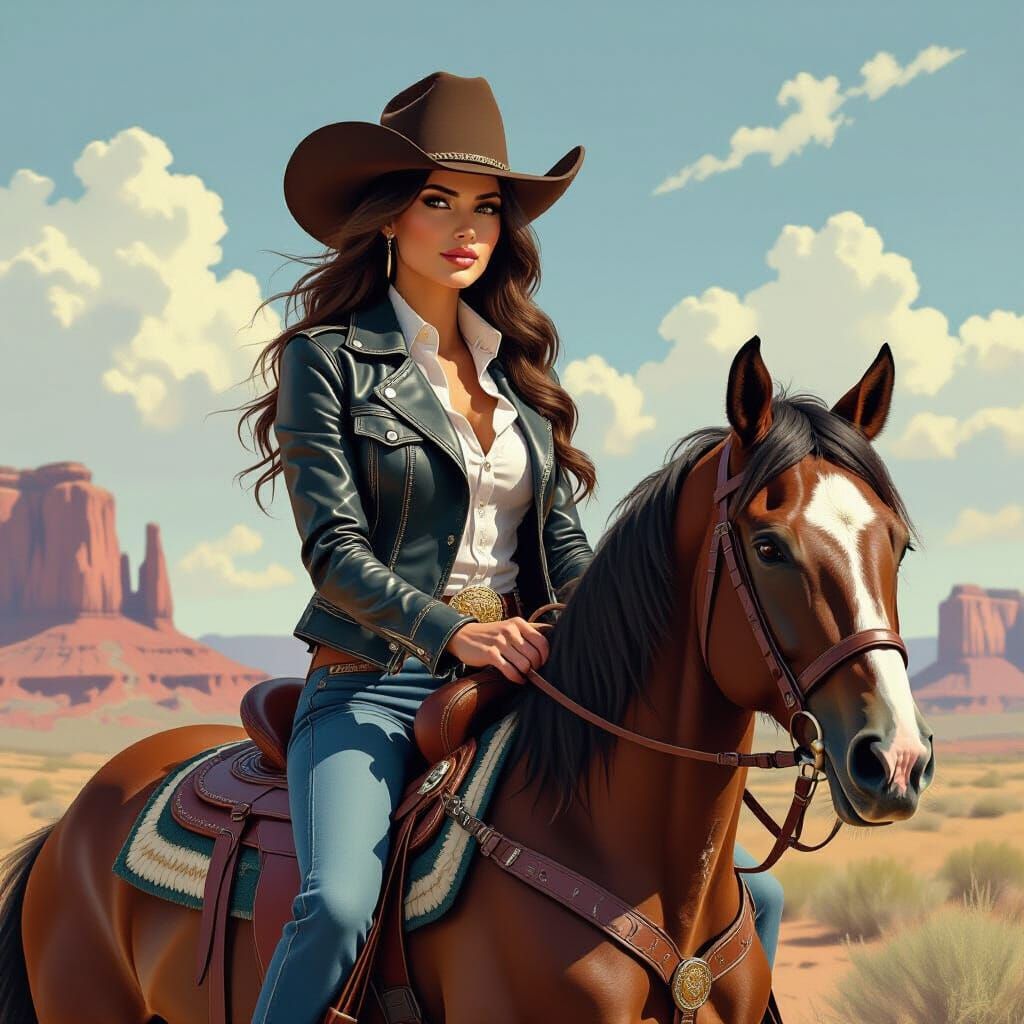 Brunette Cowgirl on Mustang Horse in Digital Painting Style