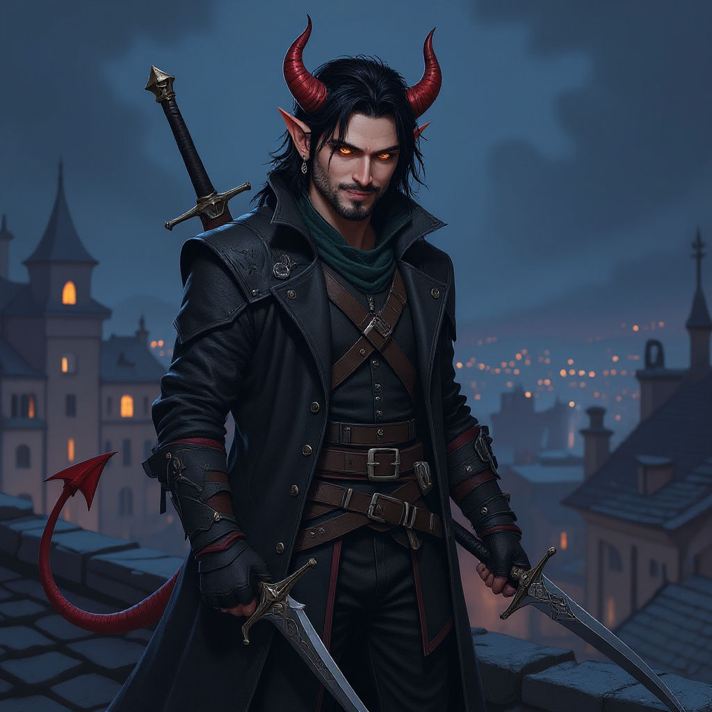 Tiefling Rogue on Rooftop in Dark Fantasy Style