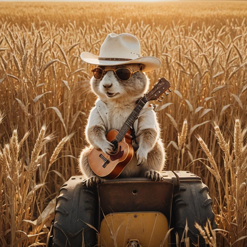 Gopher Cowboy on Tractor in Golden Light