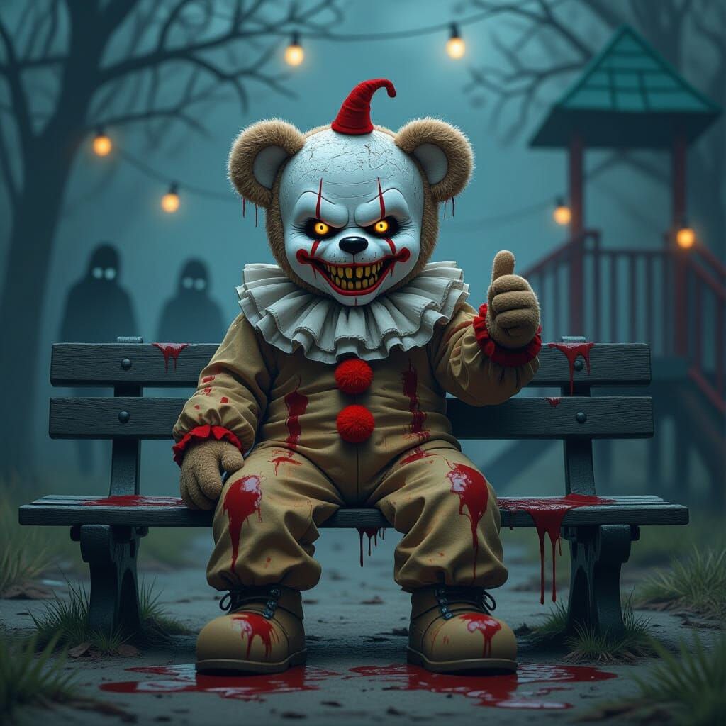 Creepy Clown Teddy Bear Hitchhiking with Ominous Aura