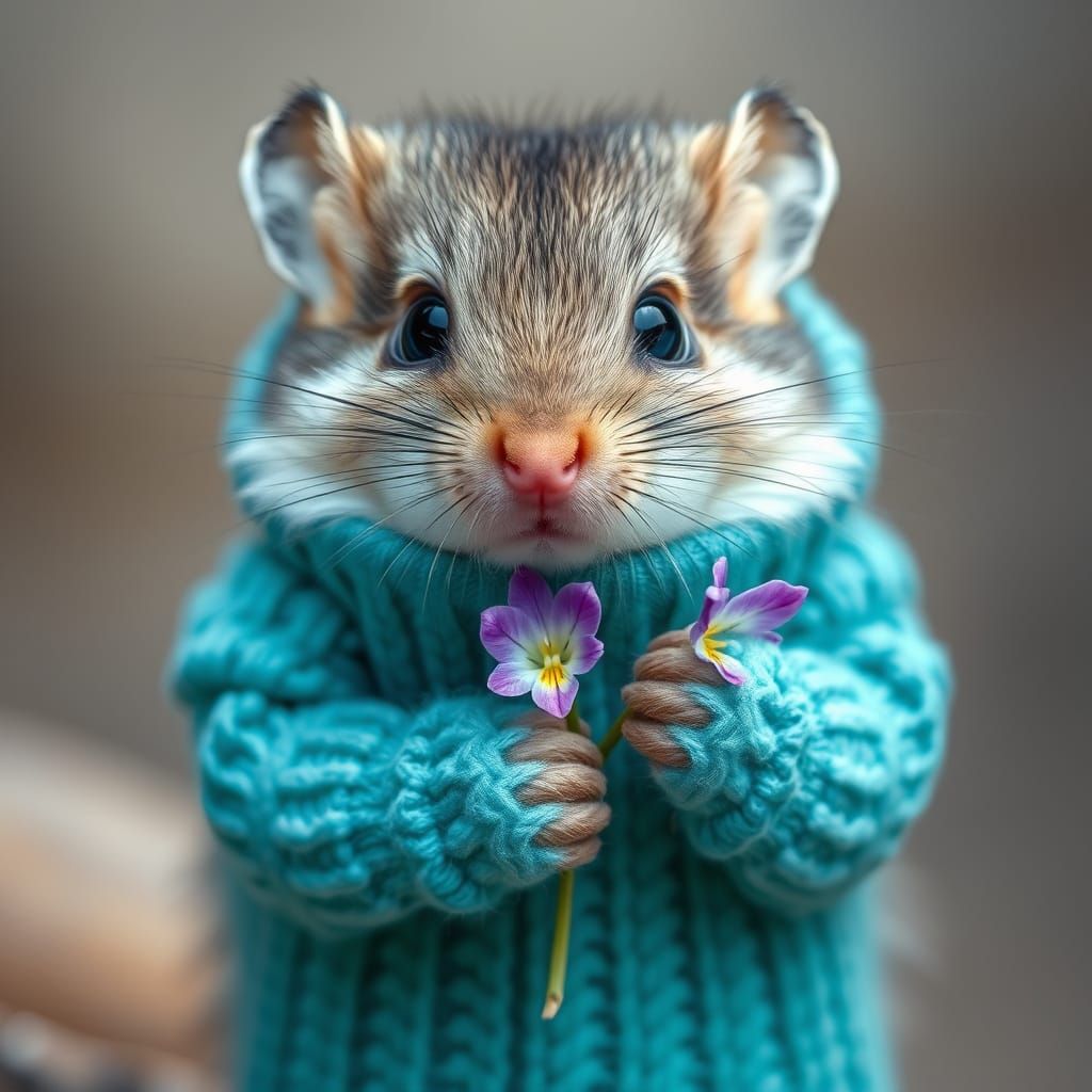 Mouse in Turquoise Sweater Holding Wild Violet
