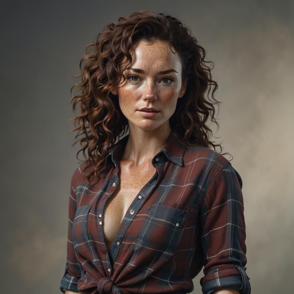 Hyperrealistic Portrait of Brunette Country Woman