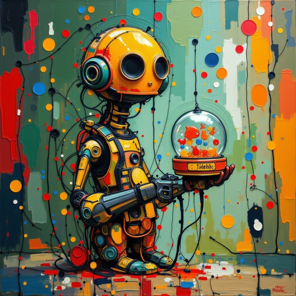 Cute Robot Holding Fishbowl in Abstract Style