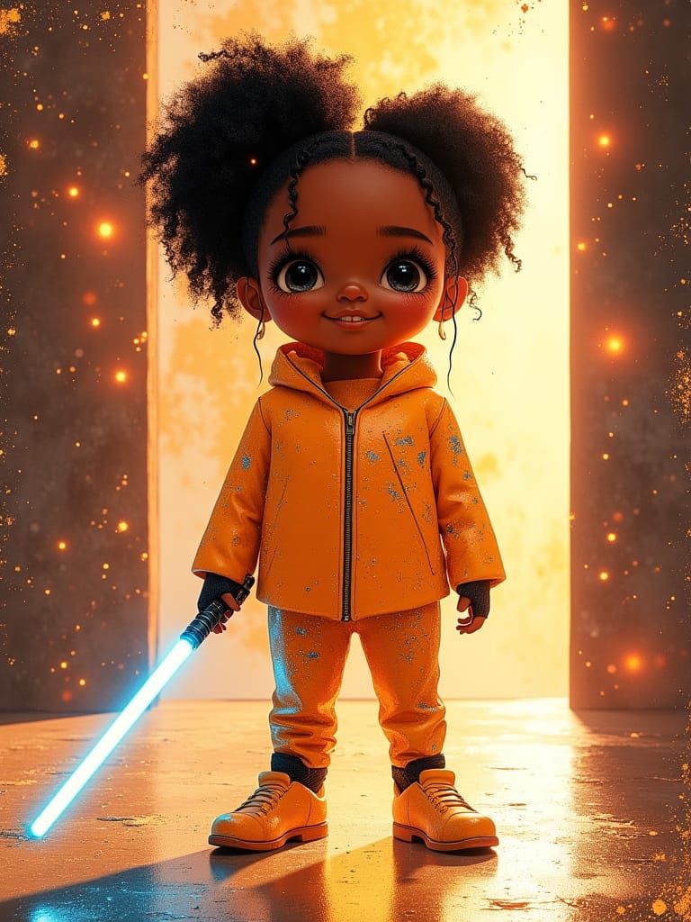 Joyful Black Teen Girl with Light Saber in Futuristic Settin...