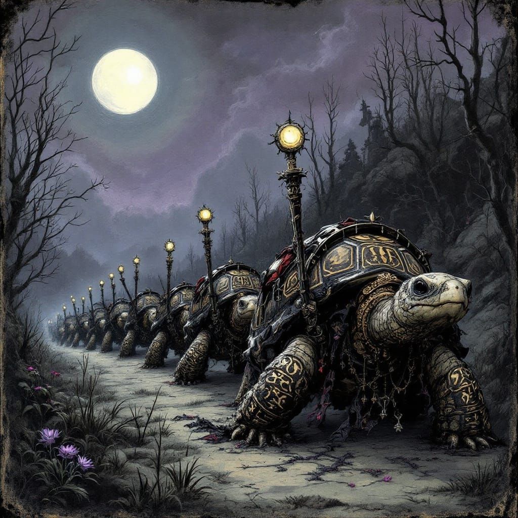 Gothic Tortoises in Moonlit Procession