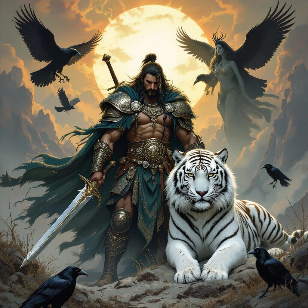 Celtic Warrior, White Tiger, and Morrigan in Dark Fantasy