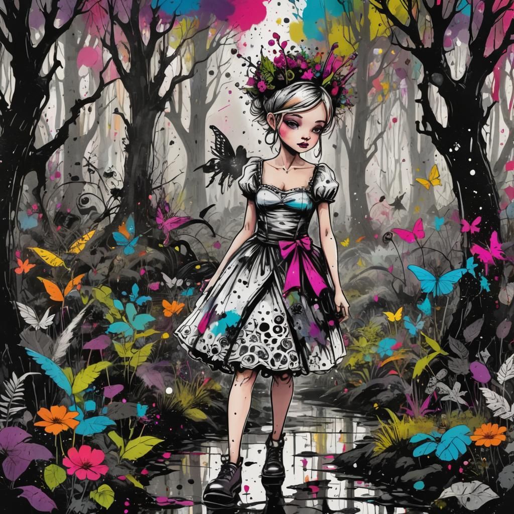 Enchanting Princess in Punk Pixie Forest, Ink Splatter Art
