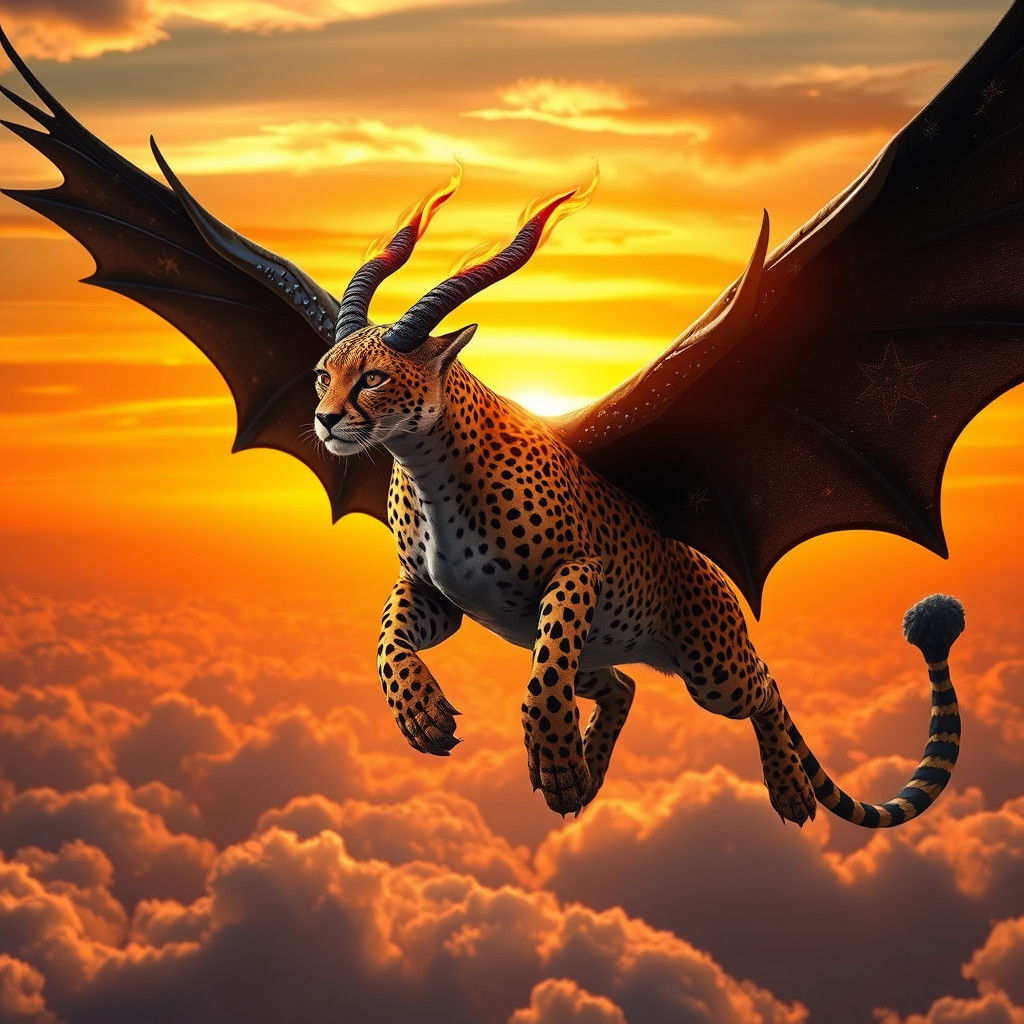Majestic Cheetah Dragon Soaring in Sunset Sky
