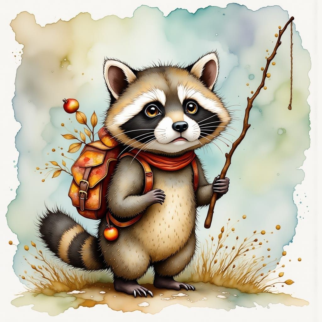 Raccoon's Whimsical Adventure in Beatrix Potter Style