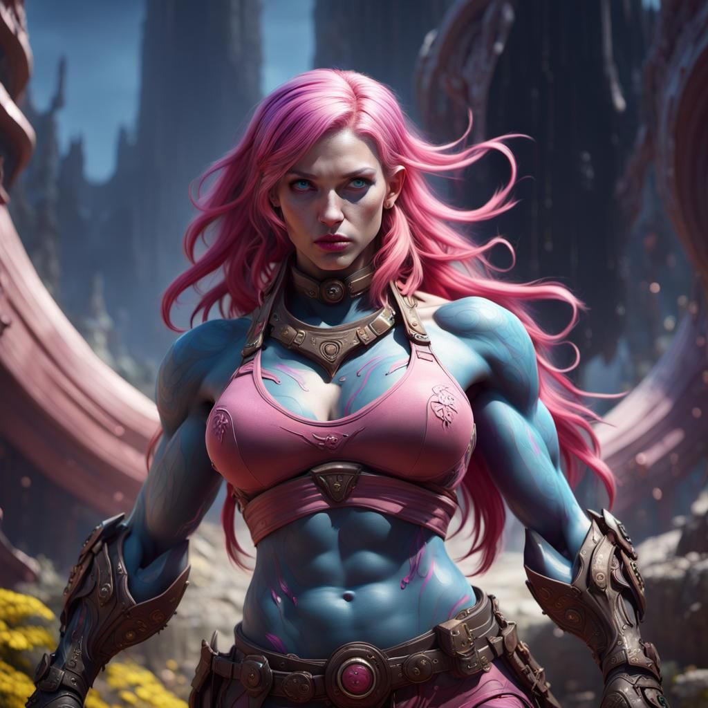 Fantasy Giantess with Pink Hair, Hyperdetailed Art