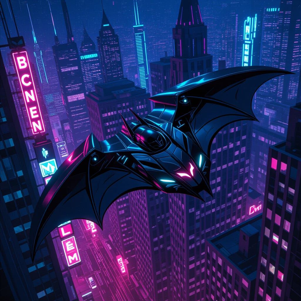Futuristic Batwing Soaring Through Neon Gotham