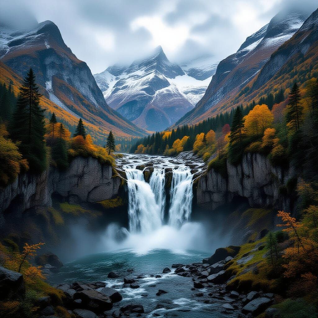 a waterfall in the mountains during autumn 121