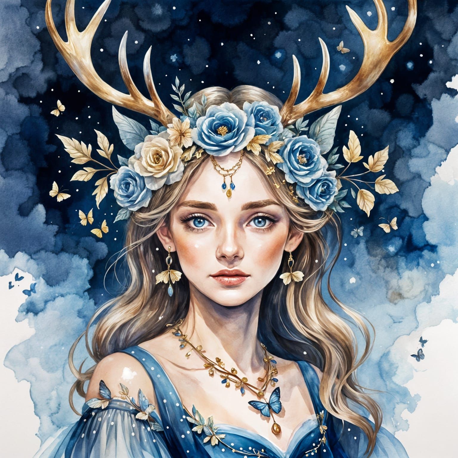 Woman with Antlers and Butterflies in Watercolor