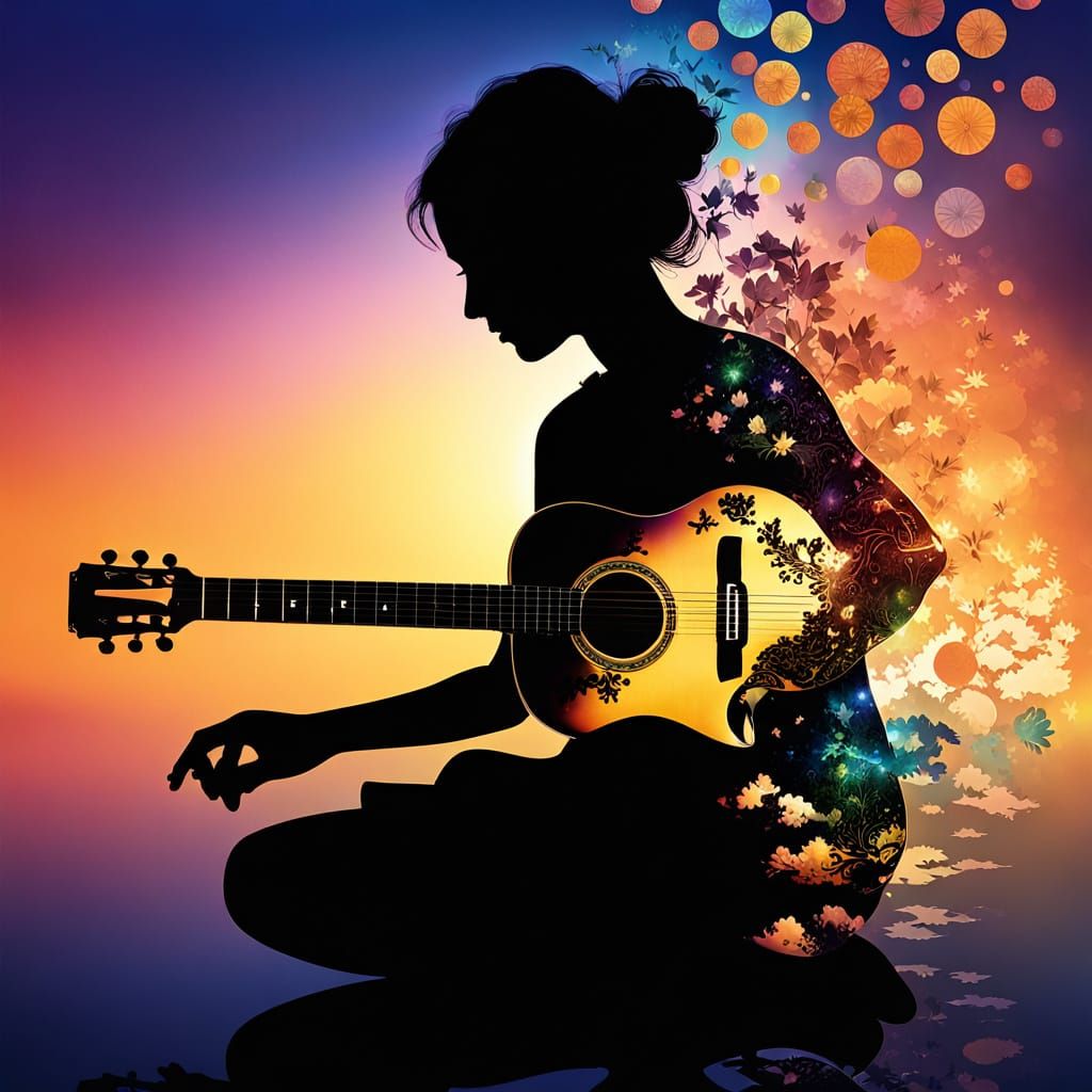 Silhouette Playing Guitar with Four Seasons Double Exposure