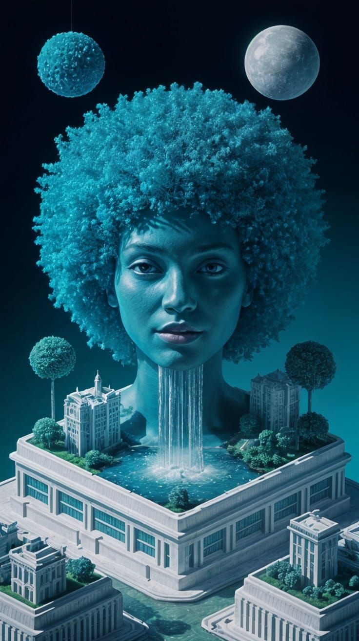 Vibrant Teal Afro Woman's Mind Unfolds in Hyperealistic Fant...