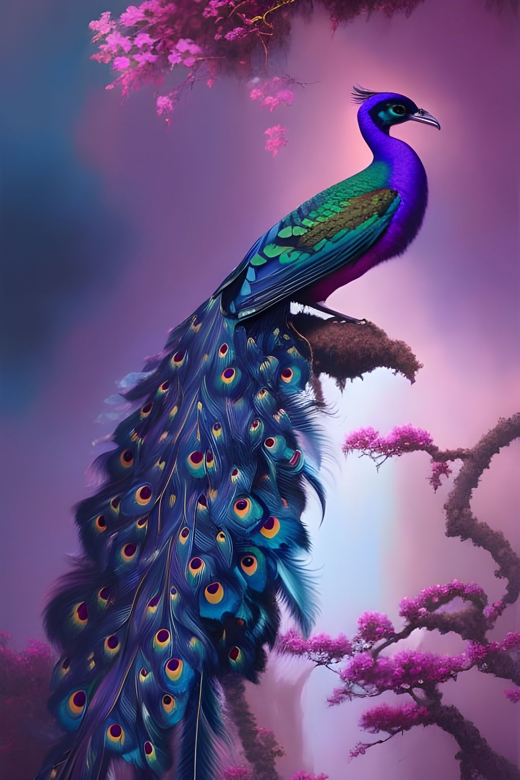 Stunning purple and green Peacock, crest of feathers on head  intricately detailed, in the centre, brush stroked feather...