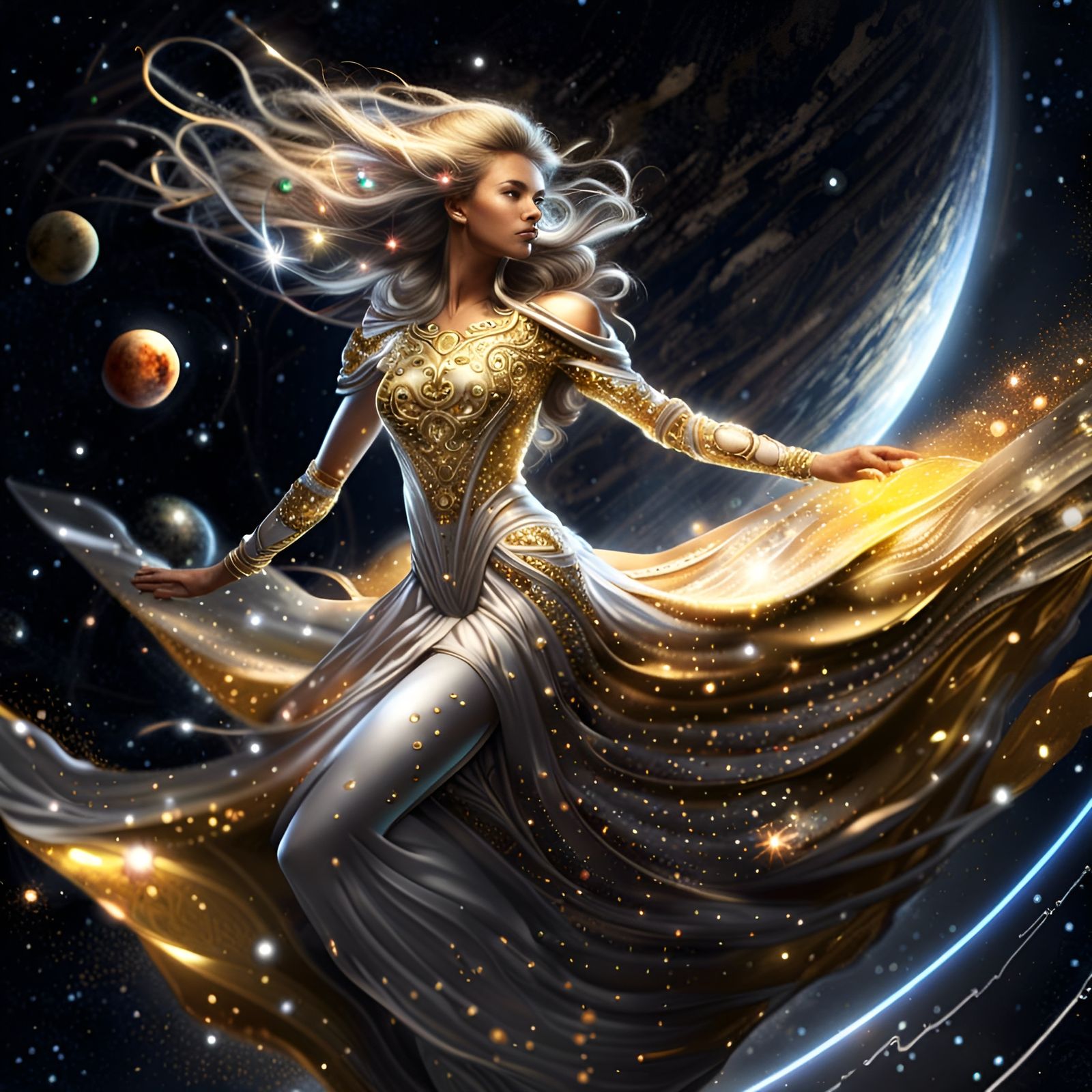 Woman in Gown Rides Rocket Through Space