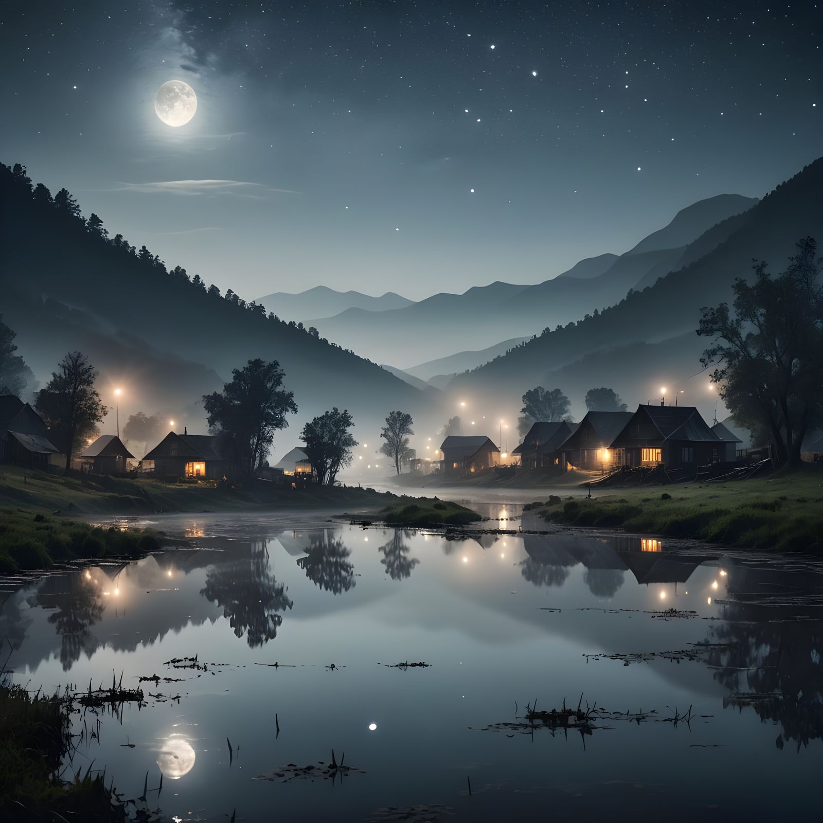 Swamp Village at Night in Moonlight