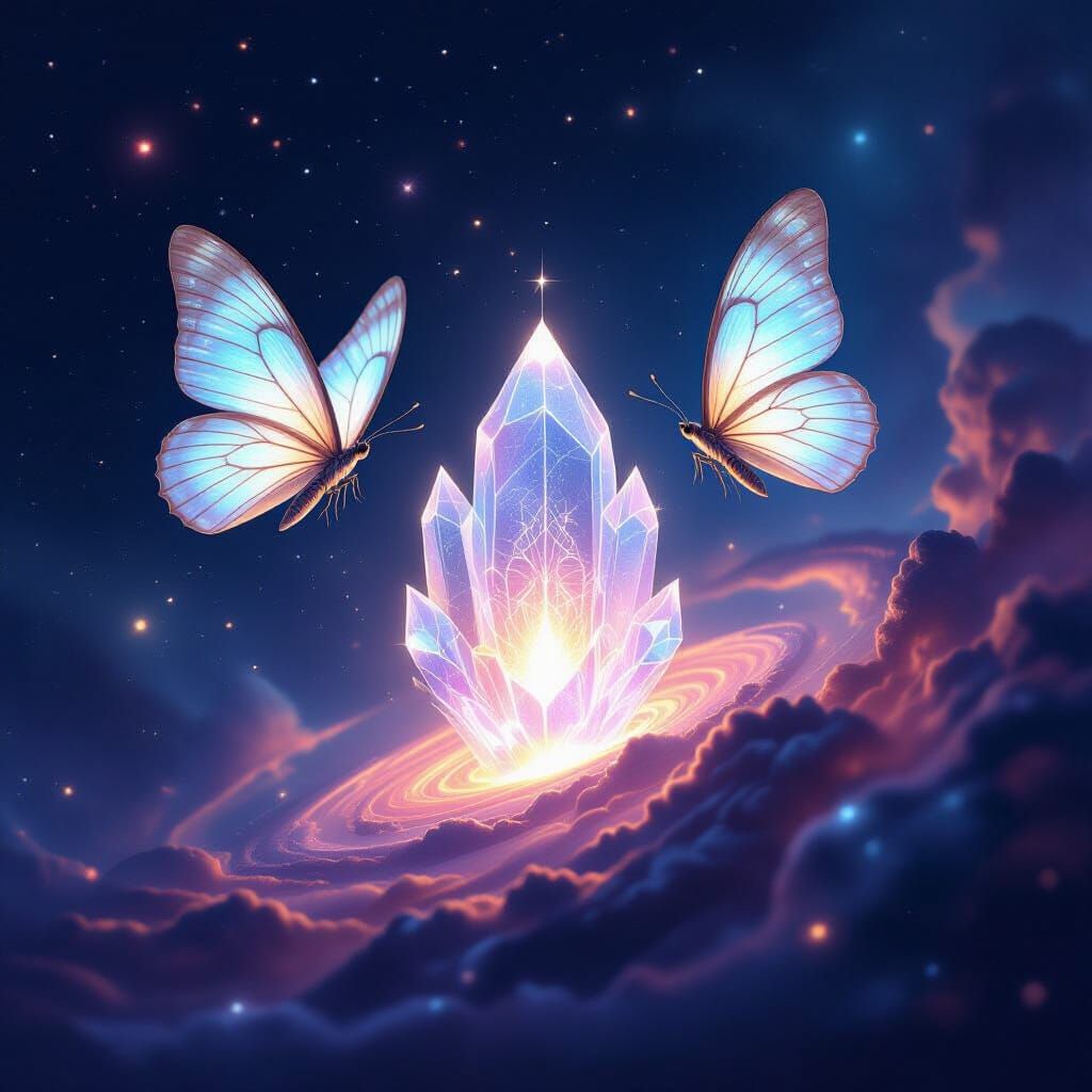 Ethereal Moths Near Crystal Temple in Cosmic Nebula
