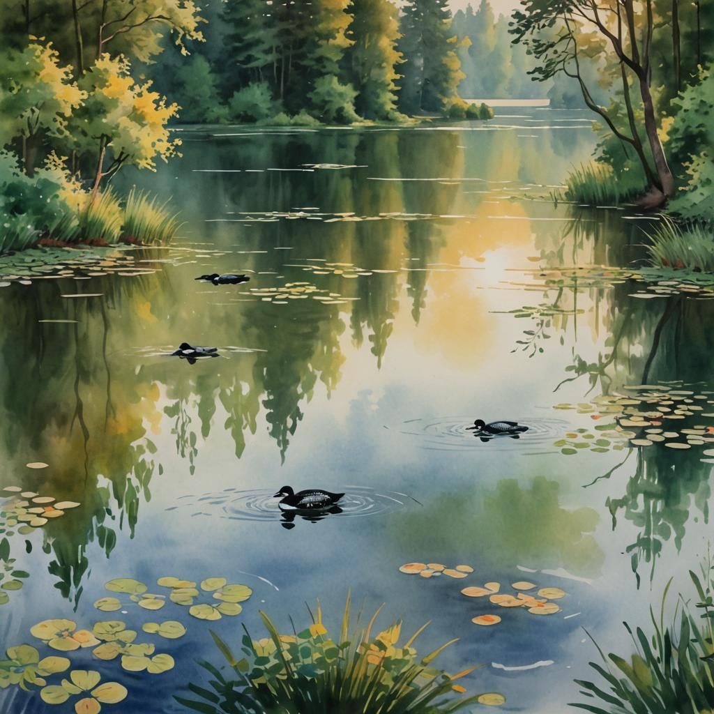 Loons on a Lake: Serene Watercolor Landscape