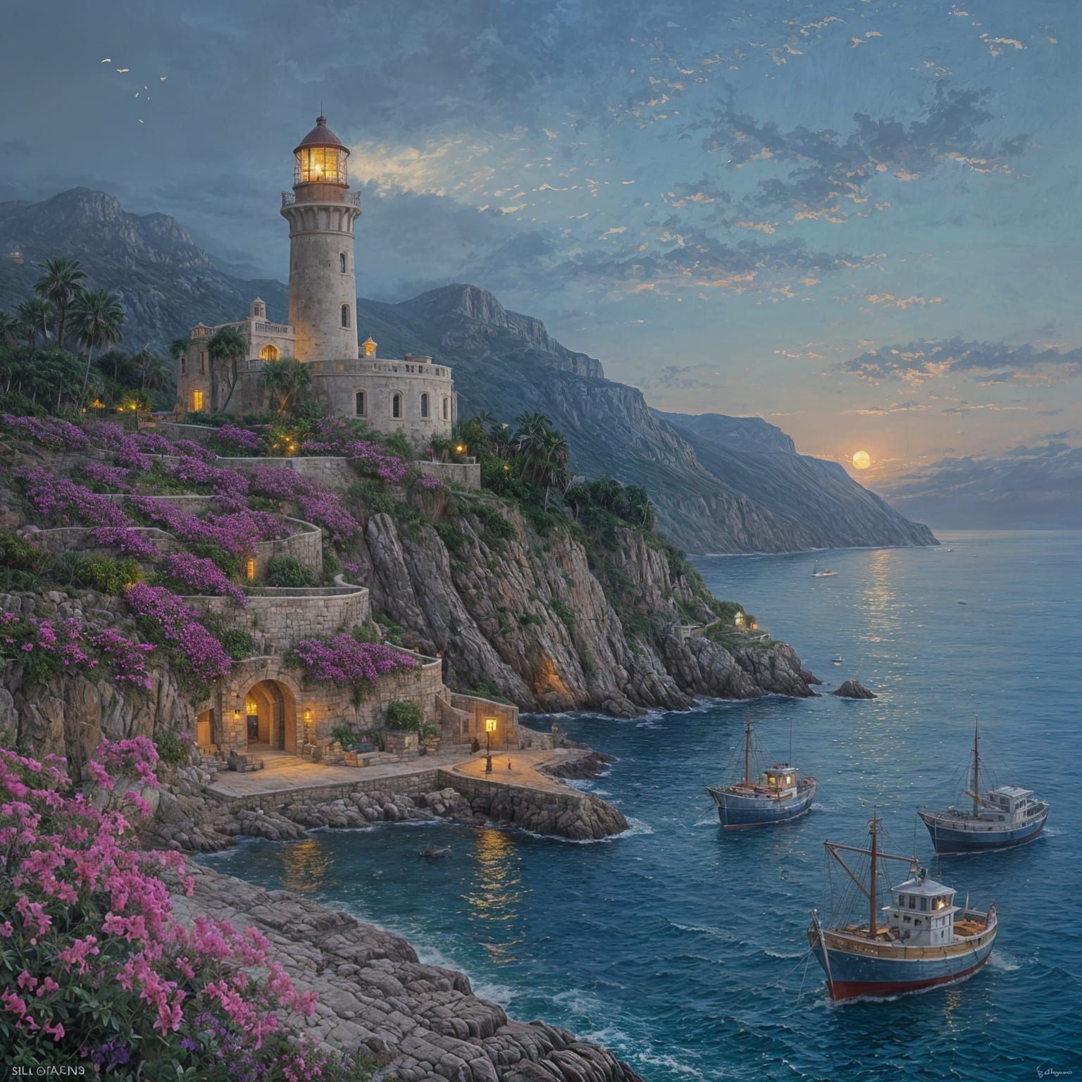 Ancient Mediterranean Lighthouse at Twilight, Impressionisti...