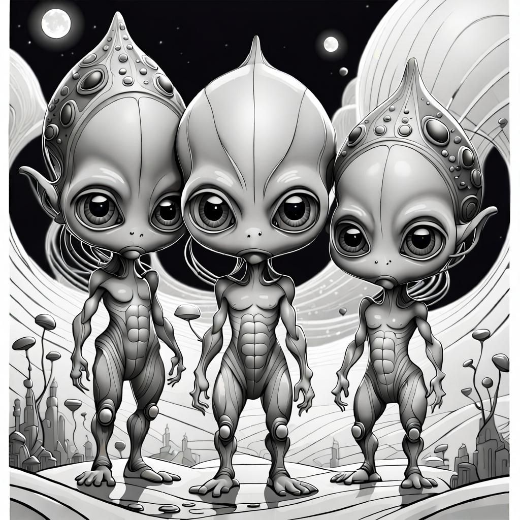 Chibi Aliens in Robotic Face: Line Art Fantasy