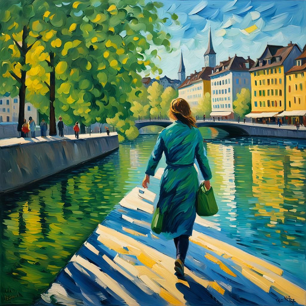 Woman Walking Along Limmat River as Impasto Painting