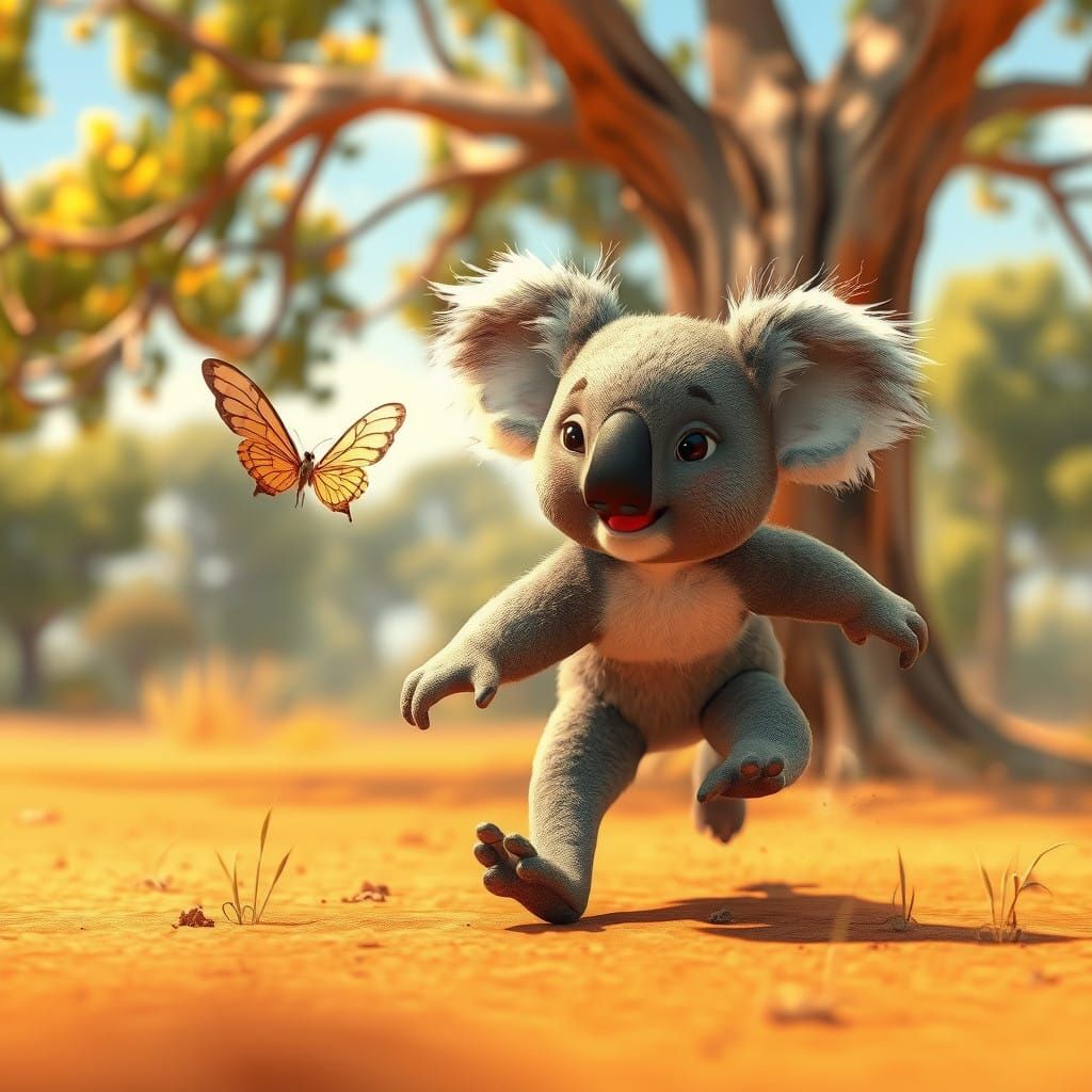 Realistic Australian Outback Scene with Koala and Butterfly