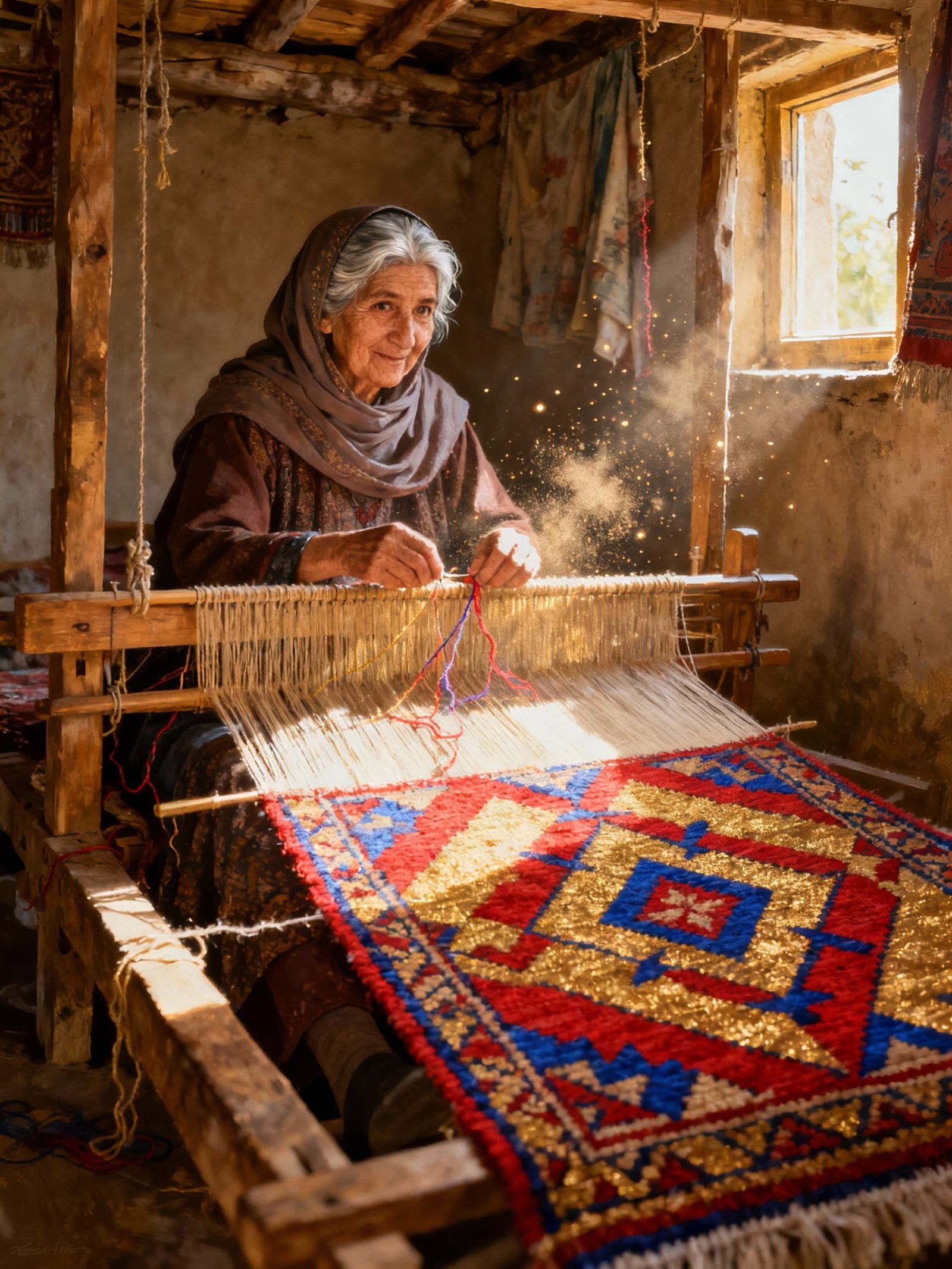 Elderly Muslim Woman Weaving Carpet in Kashmir Hut