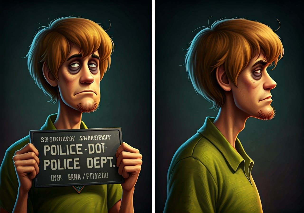 Hyperrealistic Mugshot of Shaggy in Grungy Style