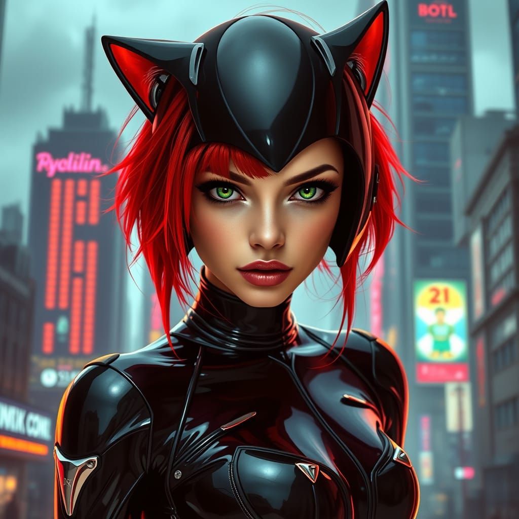 Cyberpunk Woman with Cat Helmet in Dystopian City